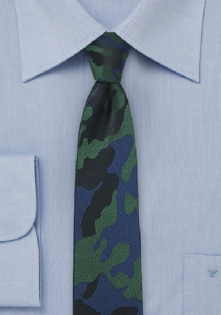 Navy, Black, and Green Camo Necktie in Silk