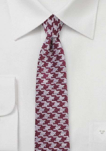 Skinny Houndstooth Silk Tie in Burgundy and Silver