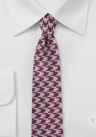Skinny Houndstooth Silk Tie in Burgundy and Silver