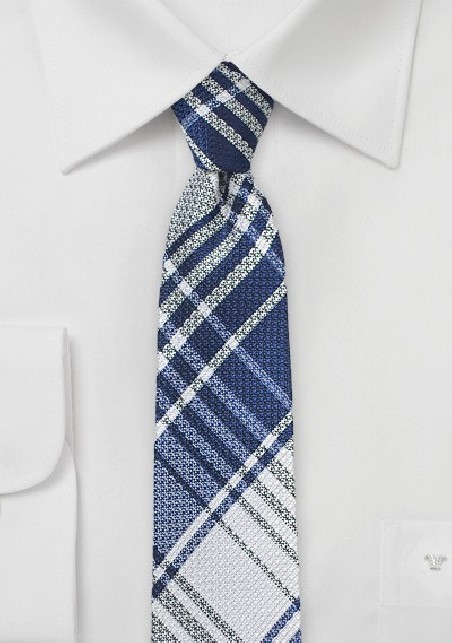Dark Blue Plaid Skinny Tie
