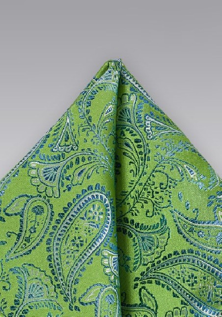 Bright Green and Blue Paisley Pocket Square