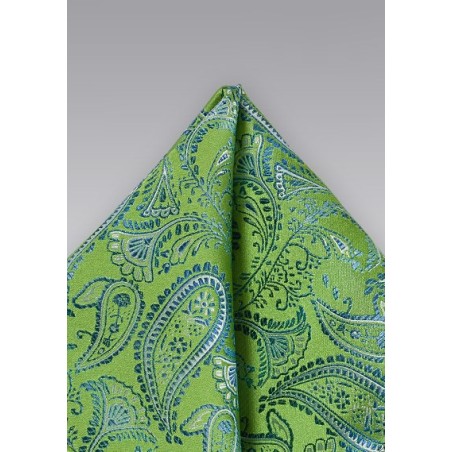 Bright Green and Blue Paisley Pocket Square