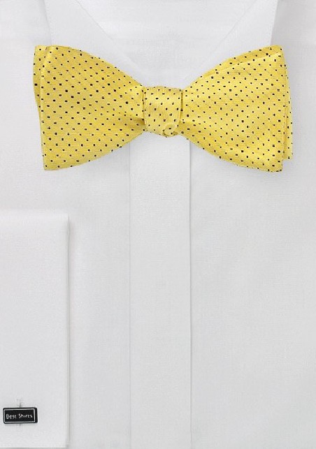 Bright Yellow Bow Tie with Navy Pin Dots