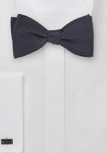 Navy Blue Bow Tie with Coral Pin Dots