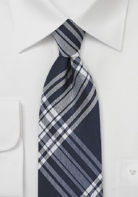 Navy Silk Tie with Large Scale Plaid Design