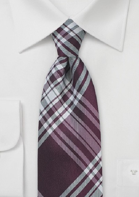 Burgundy Silk Tie with Large Scale Plaid Design