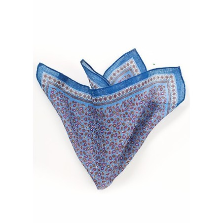Blue Linen Pocket Square with Paisley Design