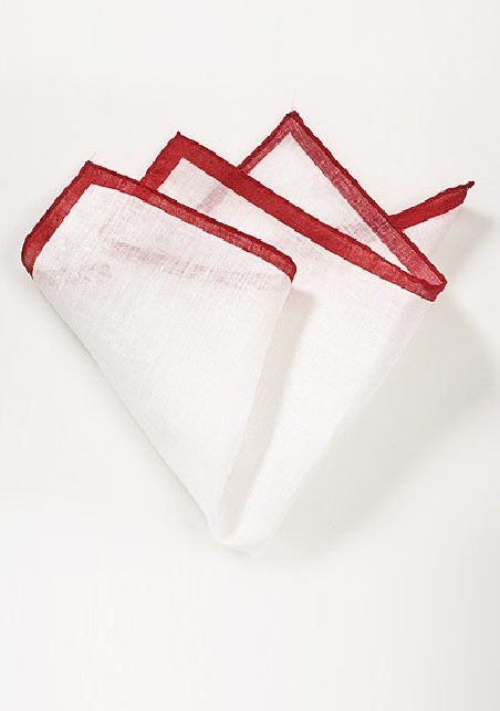 White Linen Pocket Square with Red Border