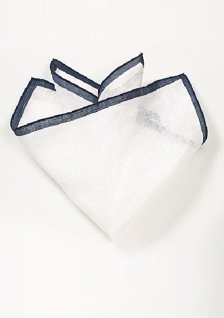 White Linen Pocket Square with Navy Border