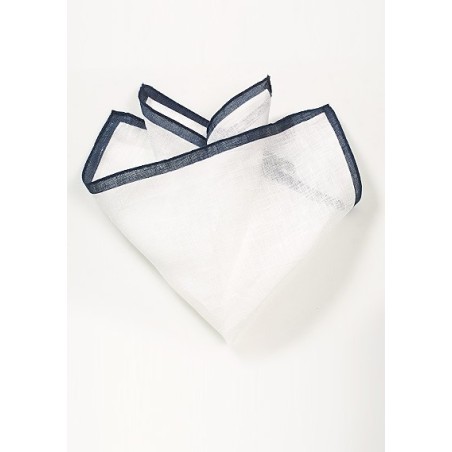 White Linen Pocket Square with Navy Border