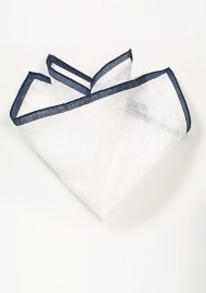White Linen Pocket Square with Navy Border