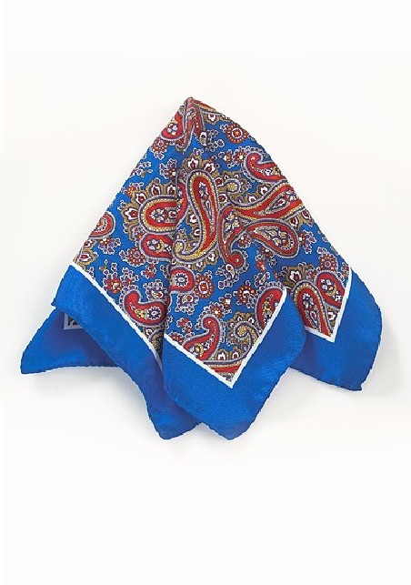 Silk Paisley Pocket Square in Blue, Red, and Yellow