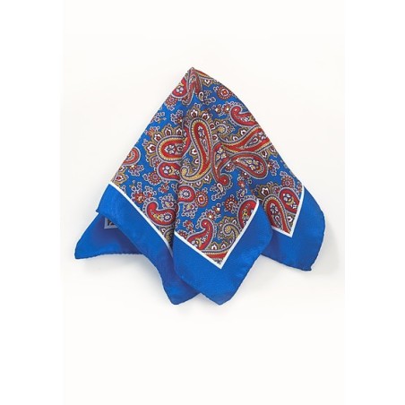 Silk Paisley Pocket Square in Blue, Red, and Yellow