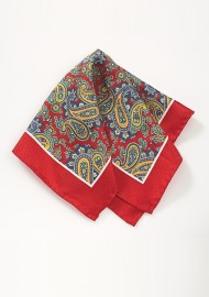 Silk Pocket Square in Red with Paisley Print