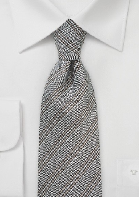 Glen Check Designer Silk Tie in Grays and Taupes
