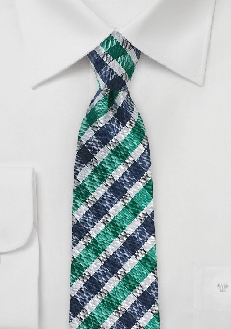 Slim Gingham Tie in Teal and Blue