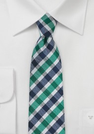 Slim Gingham Tie in Teal and Blue
