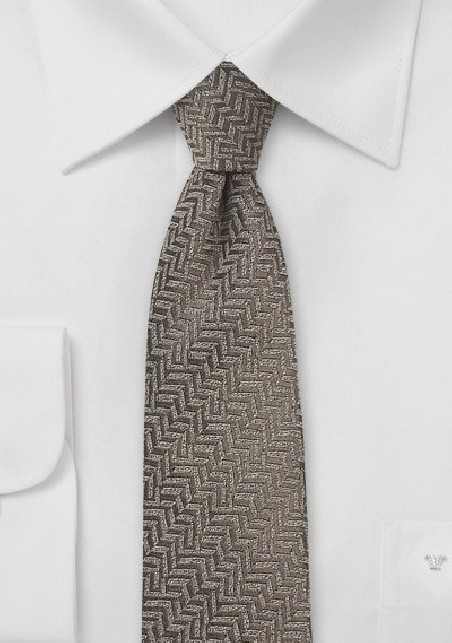 Brown Herringbone Skinny Wool Tie