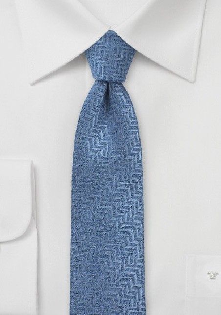 Steel Blue Herringbone Patterned Skinny Tie