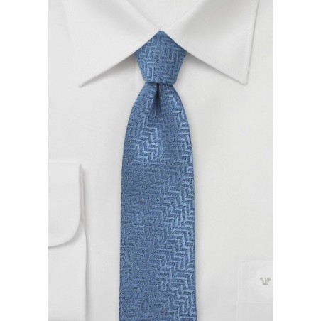 Steel Blue Herringbone Patterned Skinny Tie
