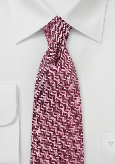 Autumn Red Wool Tie with Herringbone Design