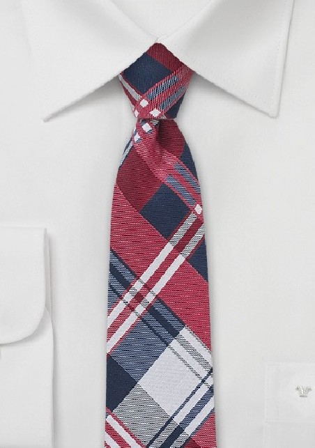 Cotton Plaid Skinny Tie in Blue and Red