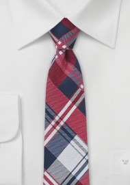 Cotton Plaid Skinny Tie in Blue and Red