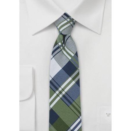 Navy, Green, and Silver Cotton Plaid Tie