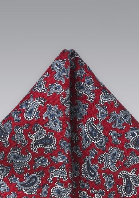 Red Silk Pocket Square with Gray Paisleys
