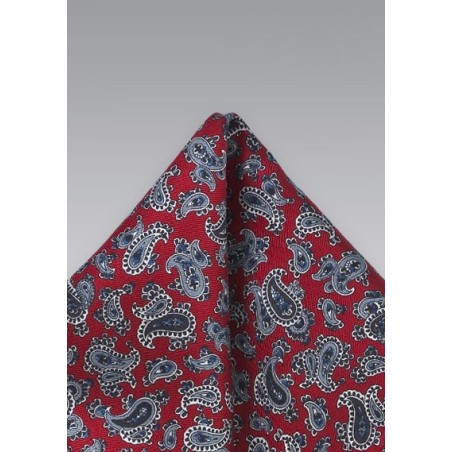 Red Silk Pocket Square with Gray Paisleys