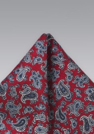 Red Silk Pocket Square with Gray Paisleys