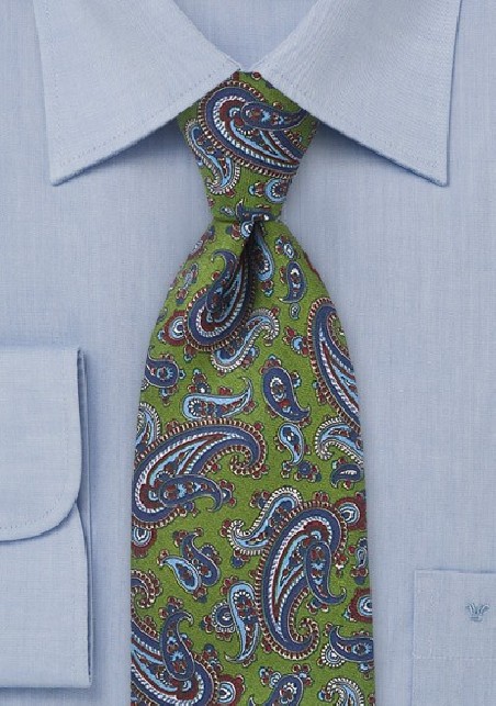 Classic Green Silk Tie with Blue Paisley Print