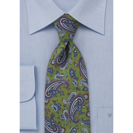 Classic Green Silk Tie with Blue Paisley Print