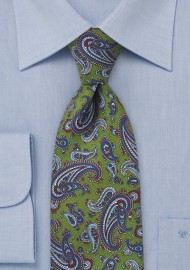 Classic Green Silk Tie with Blue Paisley Print