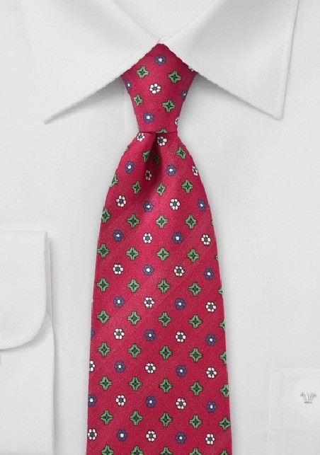 Red Silk Tie with Geometric Floral Print