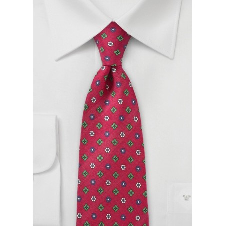Red Silk Tie with Geometric Floral Print