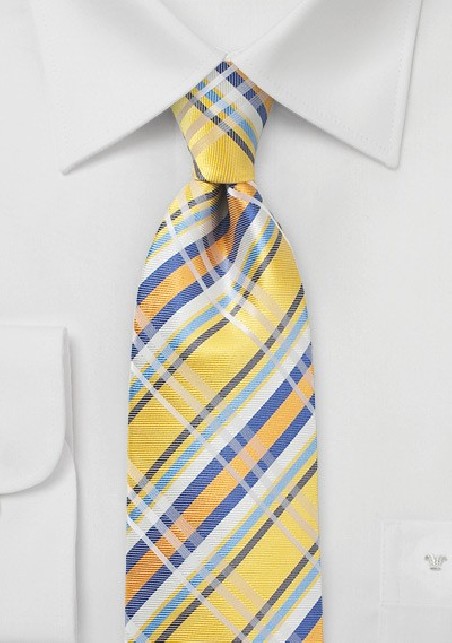 Sun Yellow and Blue Silk Plaid Tie