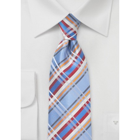 Plaid Silk Tie in Light Blue and Orange