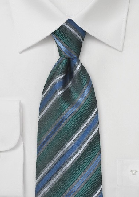 Hunter Green, Blue, and Silver Striped Tie