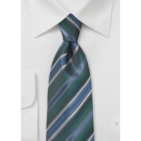 Hunter Green, Blue, and Silver Striped Tie