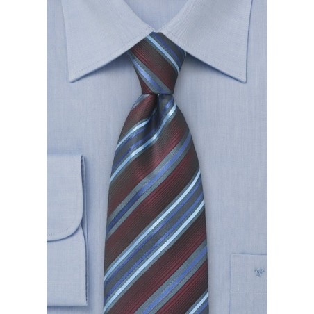 Burgundy Color Tie with Gray and Blue Stripes