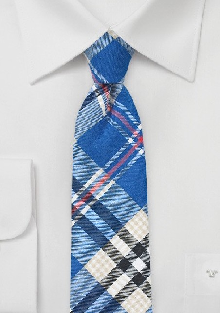 Cotton Plaid Tie in Blue, White, Beige, Red