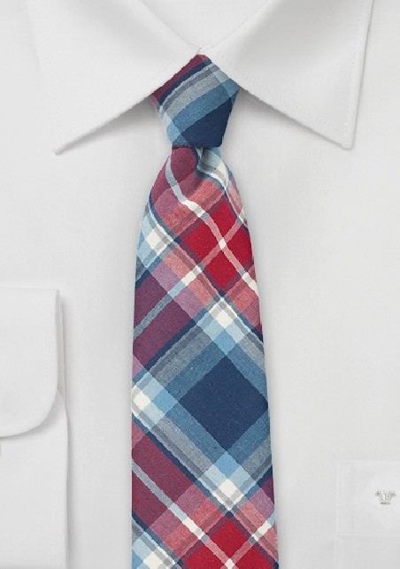 Narrow Cotton Plaid Tie in Red and Blue