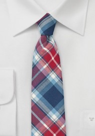 Narrow Cotton Plaid Tie in Red and Blue