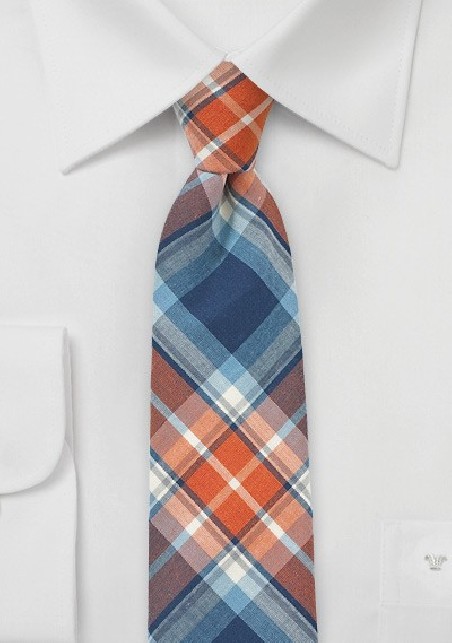 Tangerine and Blue Cotton Plaid Tie