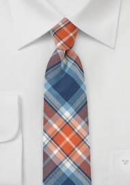 Tangerine and Blue Cotton Plaid Tie