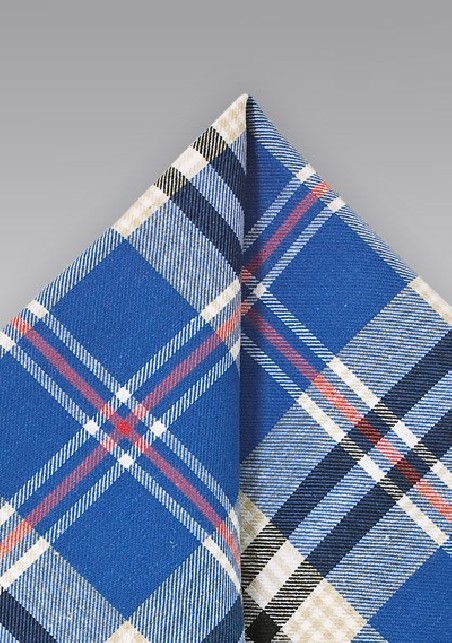 Cotton Plaid Pocket Square in Blue, Beige, and Black