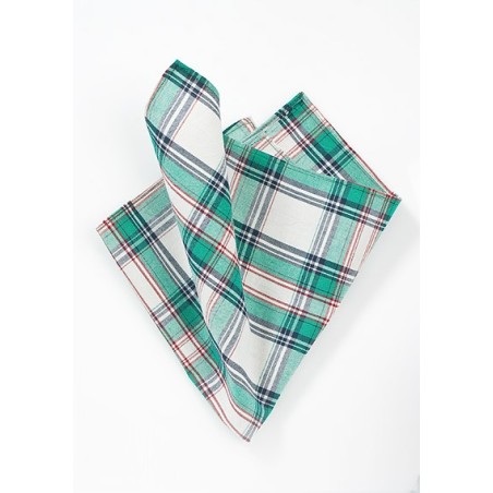 Plaid Cotton Pocket Square in Green and Cream