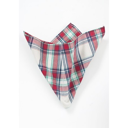 Cream Color Pocket Square with Red and Green Plaids