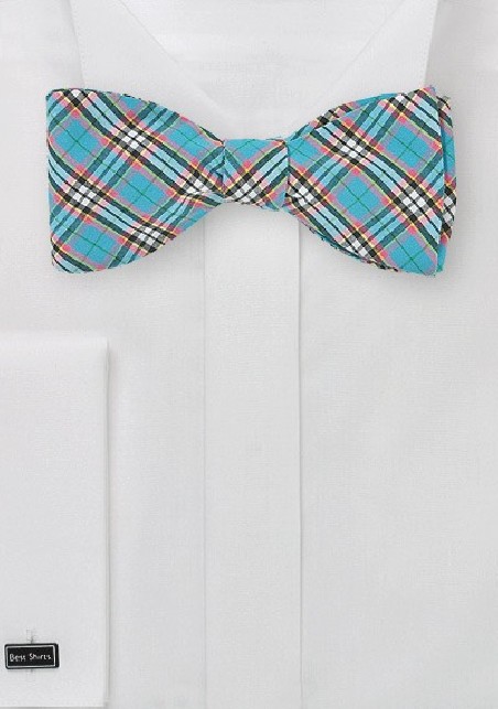 Turquoise Bow Tie with Trendy Plaid Design